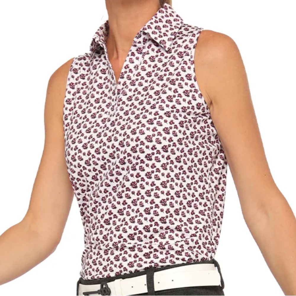 NWT Belyn Key Cutaway Sleeveless Golf Polo Tank Stem Floral White‎ Pink Small